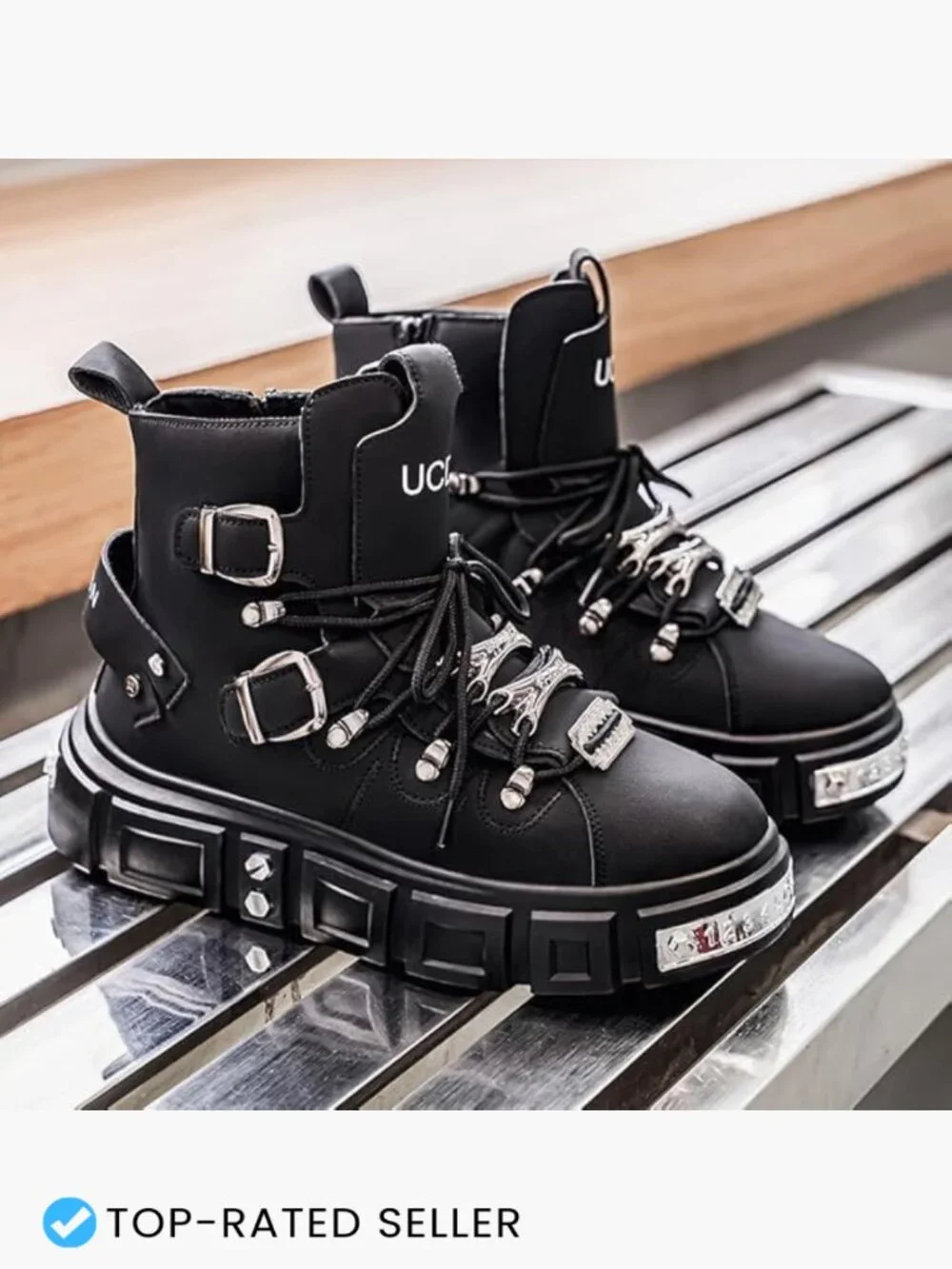 Men's Goth Combat Punk Ankle Boots Platform Lace-Up Side Zipper Chunky Sole